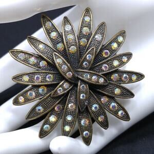 Vintage Flower Rhinestone Brooch, Bronze Tone, AB Rhinestones, 1990, 2 1/2 Inch